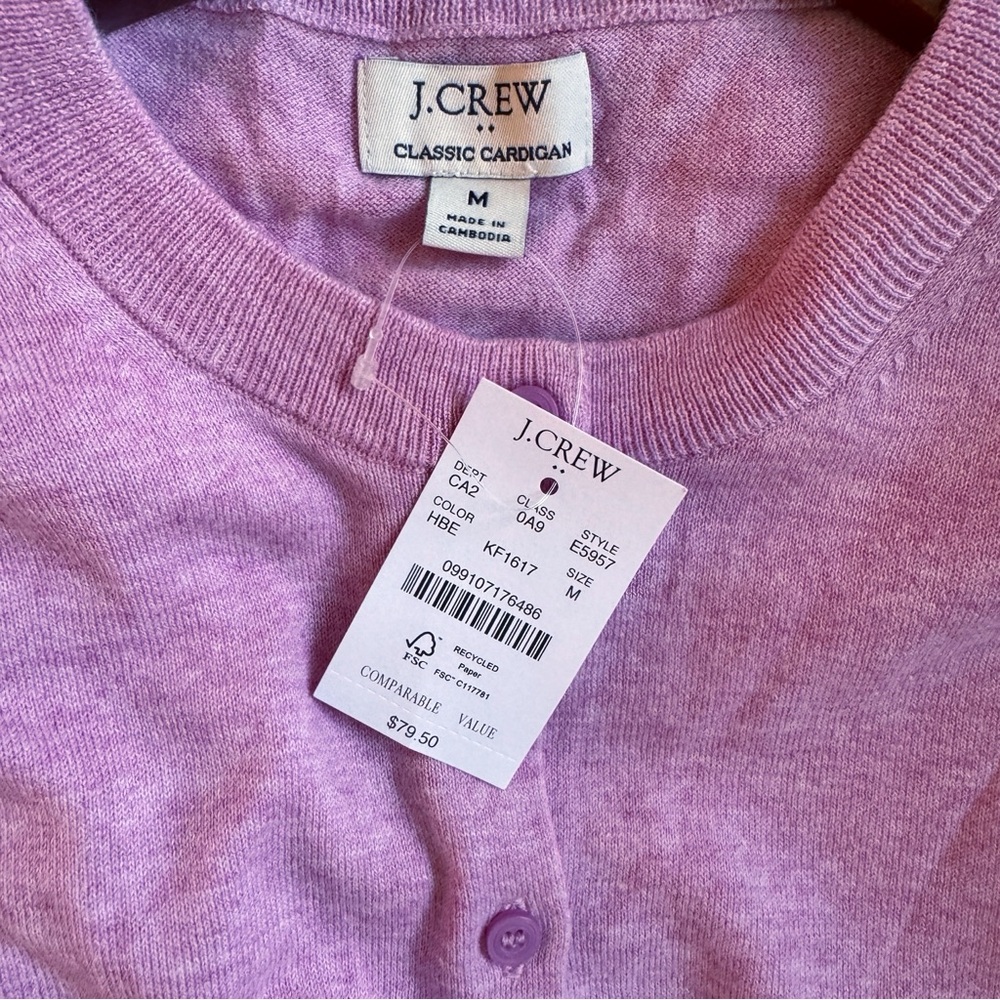 J. CREW NWT Classic Cotton Cardigan Sweater Size Medium in Heather Berry - Picture 8 of 9